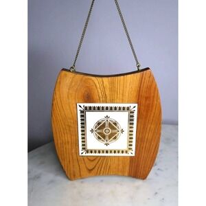 Vtg Wood Gold Tile Wall Hanging Cutting Cheese Board MCM MIdcentury geo Mandala